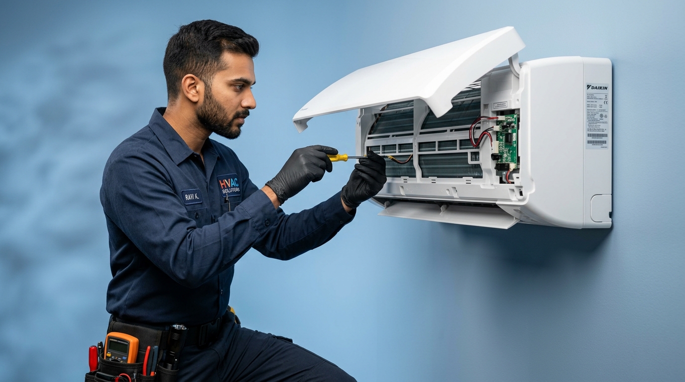 Indian HVAC Technician Servicing Air Conditioner